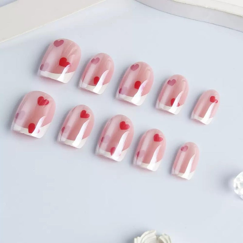 Sevgob Press on Nails Valentines Short Square Fake Nails with Heart Design Love Glue on Nails Reusable Full Cover Nails for Women Girls Manicure 24pcs BAQ10 - Image 3
